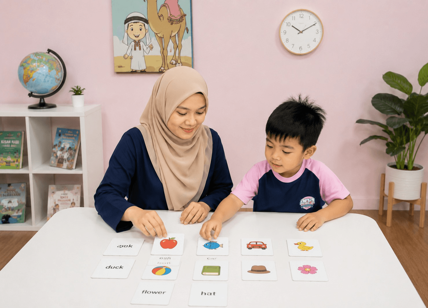 AMP teacher helping a child with reading and writing flashcards